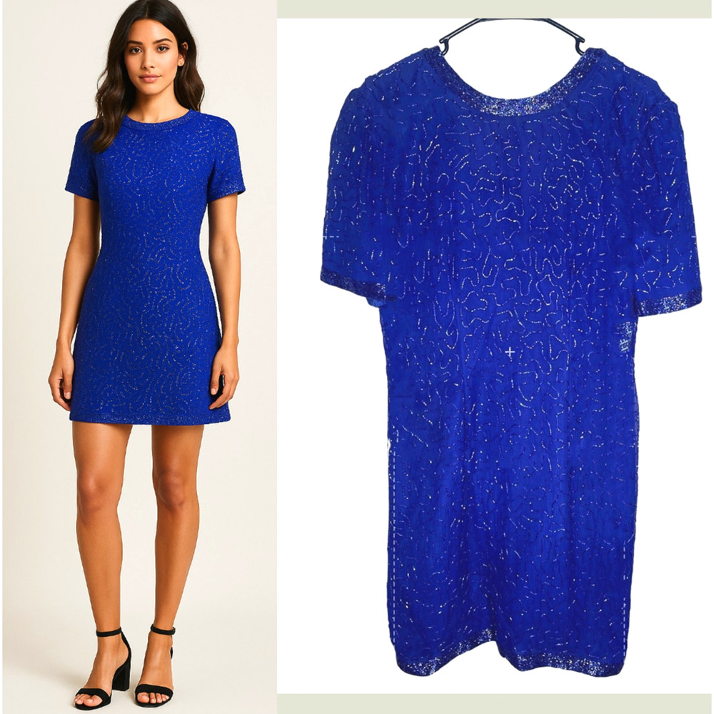 Stenay Vintage 6 100% Silk Beaded Sheath Party Dress Royal Blue MINT